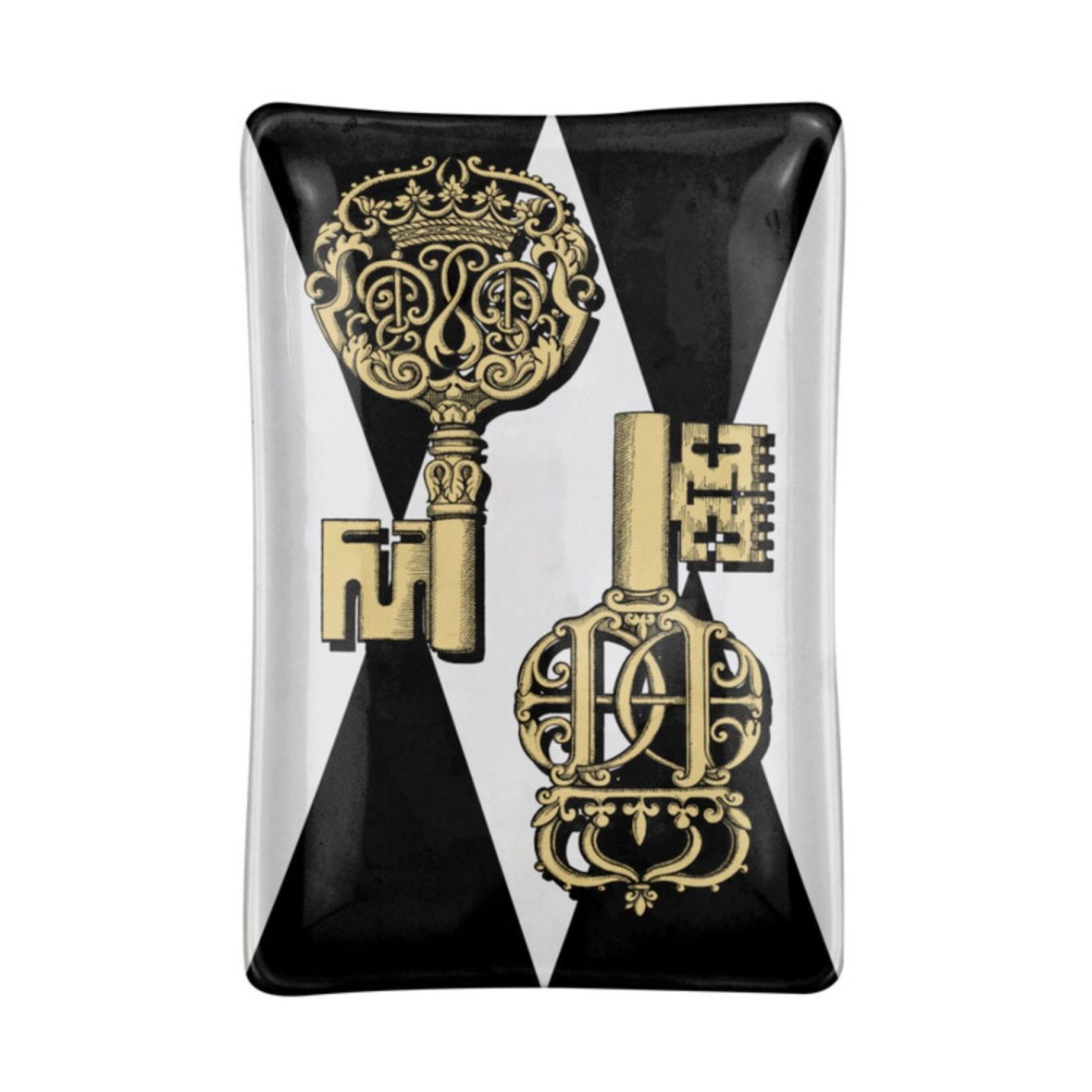 fornasetti-rectangular-ashtray-chiavi-gold-and-rombi-black-white